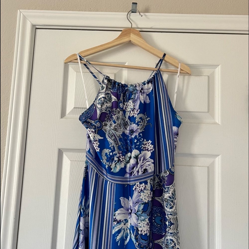 Lulus Whirlwind Blue Multi Scarf Print Satin Maxi Dress